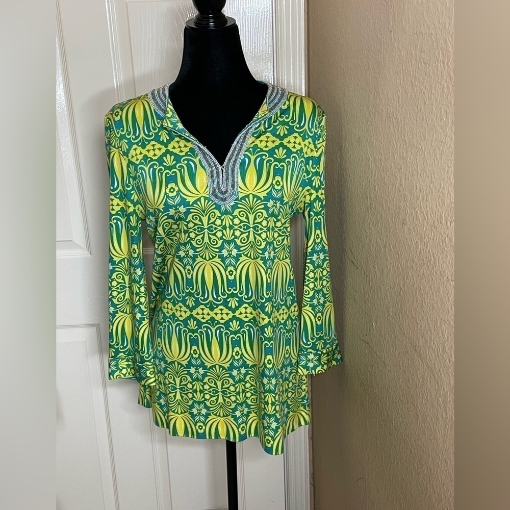 Tory Burch Tunic Womens Med Silk green Button Long Sleeve V Neck Stretch… - Picture 5 of 9